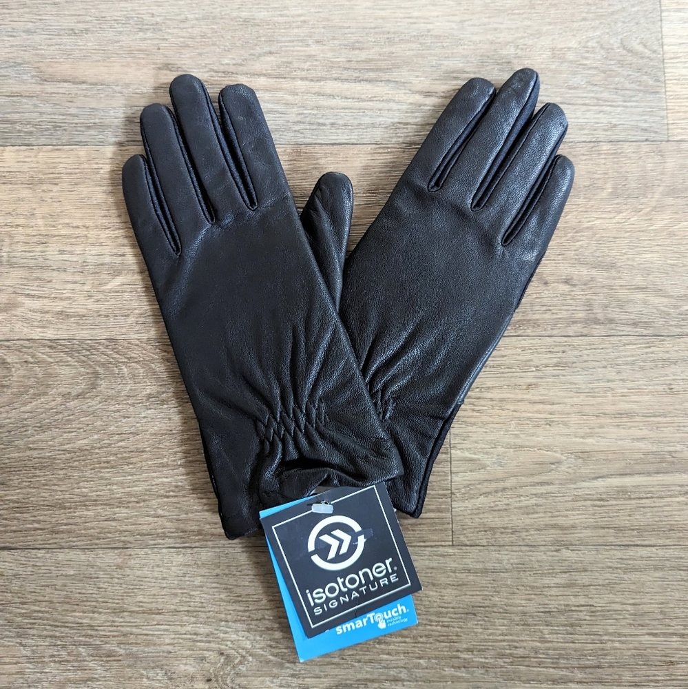 NWT Isotoner Signature Smart Touch Leather Black Gloves Women S/M